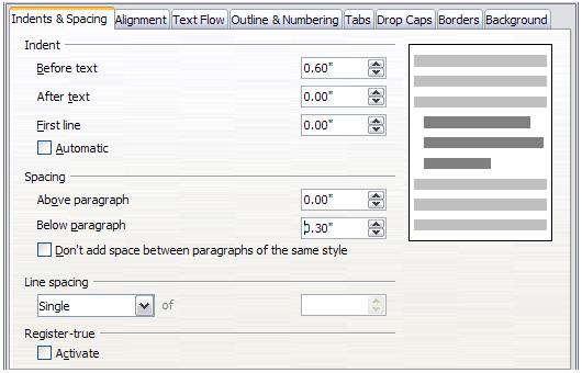 Figure 6: Settings on the Indents and Spacing page of a paragraph style The option to remove space between paragraphs of the same style is available by selecting the check box.