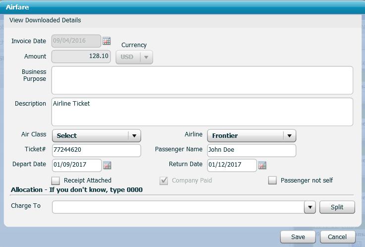 Entering Expenses Airfare ORAU Paid (Booked through Concur or ISS) The Purchase Date, Airfare Amount, Description, Ticket