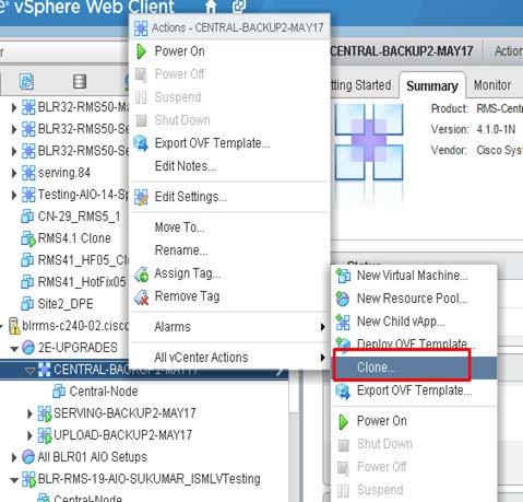 Pre Maintenance select Clone under All vcenter Actions Select