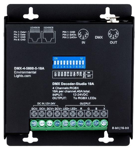The DMX-4-5000-5-10A substitutes 5-pin DMX ports in place of the 3-pin DMX ports. Both versions have top-mounted DIP switches for setting the starting DMX address, without needing to apply power.