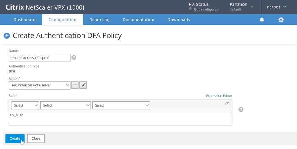 3. Configure the DFA Server settings and click Create. 4. Enter an expression in the Rule field and click Create.