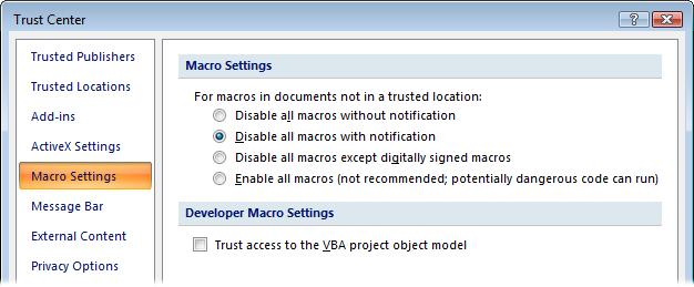 The Trust Center Macro Settings In Microsoft Office 2007 all security options are controlled from a single point called the Trust Center.