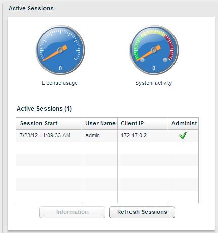 Chapter 3 From the Active Sessions column, we can view, as you have guessed it active sessions; not only this, the dials display License usage and System activity.