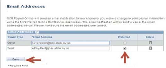 o To change your preferred address, click the check box under the Preferred column next to your preferred email address.