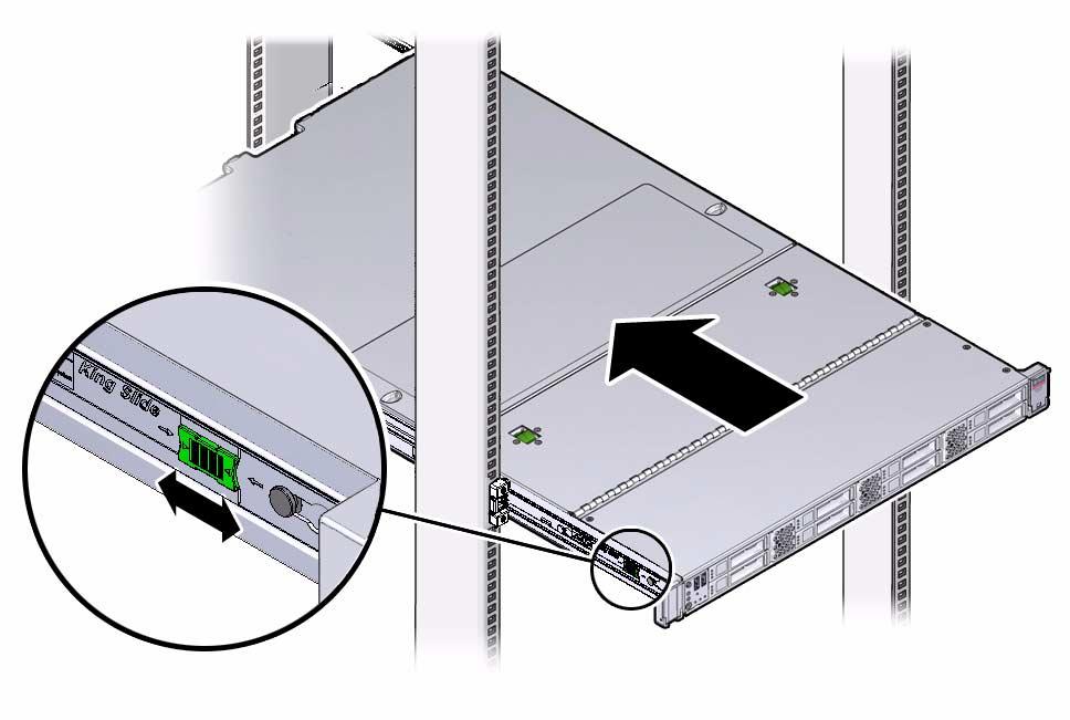 a. Simultaneously pull and hold the two green release tabs (one on each side of of the server) toward the front of the server (see the following figure) while you push the server into the rack.