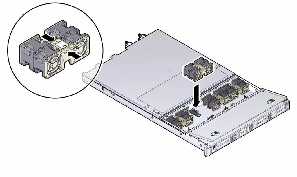Install a Fan Module 1. Remove the replacement fan module from its packaging and place it on an antistatic mat. 2. With the fan door open, install the replacement fan module into the server.