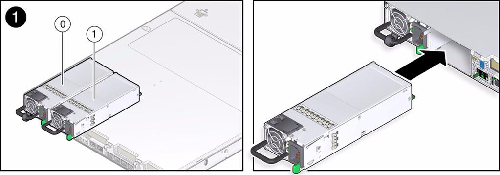 2. Align the replacement power supply with the empty power supply bay. 3. Slide the power supply into the bay until it is fully seated. Listen for the audible click when the power supply fully seats.