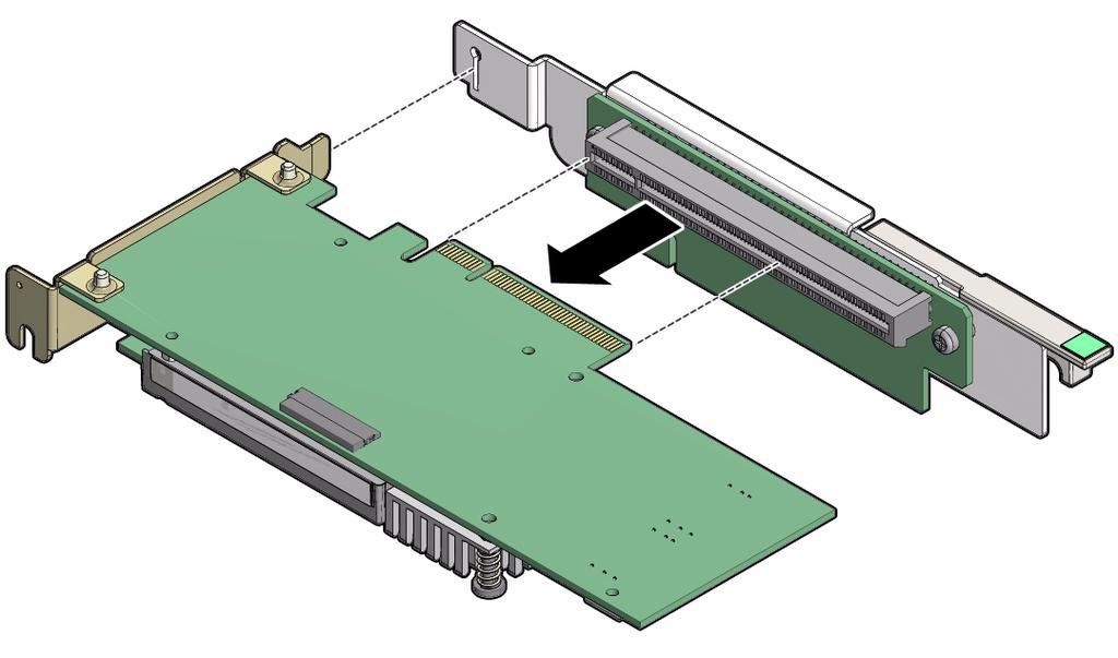 1. Remove the PCIe riser from the server. For instructions, see Remove a PCIe Riser From PCIe Slot 1 or 2 on page 72 2. Remove the PCIe card from the PCIe riser. a. Hold the riser in one hand and use your other hand to carefully pull the PCIe card connector out of the riser.