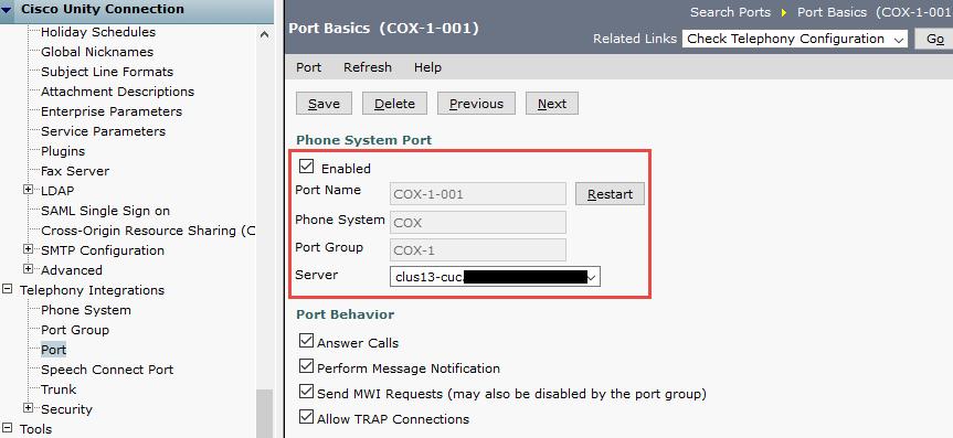 Port 1. Set Port Name = COX-1-001 is used for this example 2. Set Phone System = COX 3.
