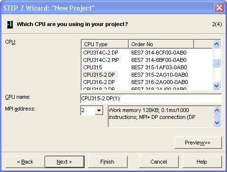 Data transfer to the PLC 7.1 Interface to S7-300 and control/diagnosis via PROFIBUS Step 2 Select CPU Select the CPU to be used and assign a name and an MPI address. To continue, click "Next".