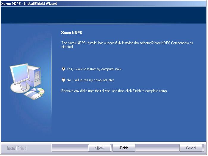 The message title bar contains the Xerox NDPS and PC Snap In release numbers NOTE: The installation will be performed on each of the