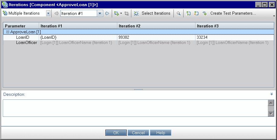 Iterations Examples Representation in Iterations Dialog Box Example: In the example below, the source component CreateLoan has an n to n ( 3 to 3 ) relationship with the target component SearchLoan.