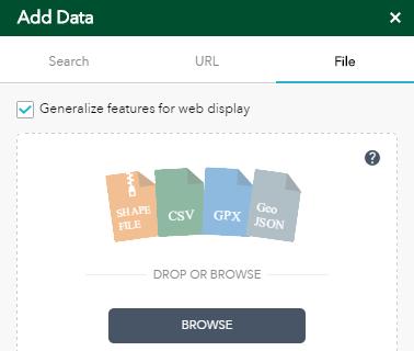 Click the File tab to upload files locally. You can either drag and drop the file or browse to it. It supports shapefiles in Zip format, and CSV, GPX and GeoJSON files.