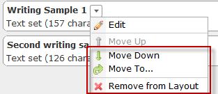 Item dropdown menus enable you to move items to different content areas, change the order of items within a content area, and remove items from your presentation.