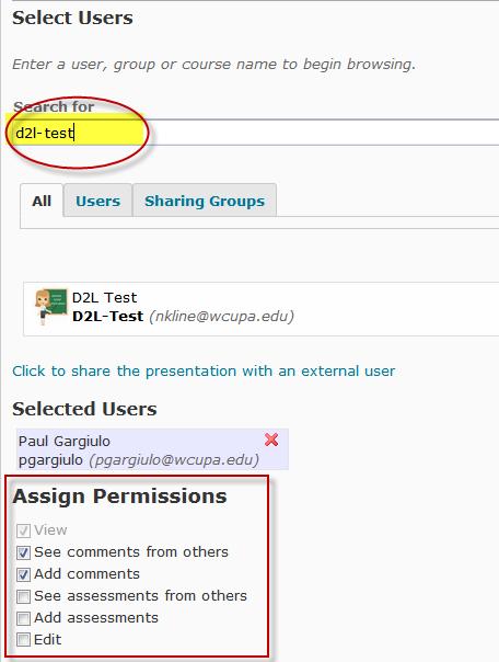 Sharing with internal and external users Use permissions to share eportfolio items with other users.