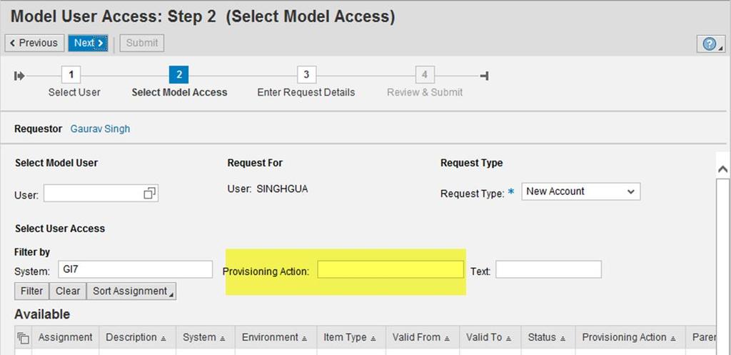 Default value for filtering by provisioning action <empty> This parameter applies to the Model User Access screen.