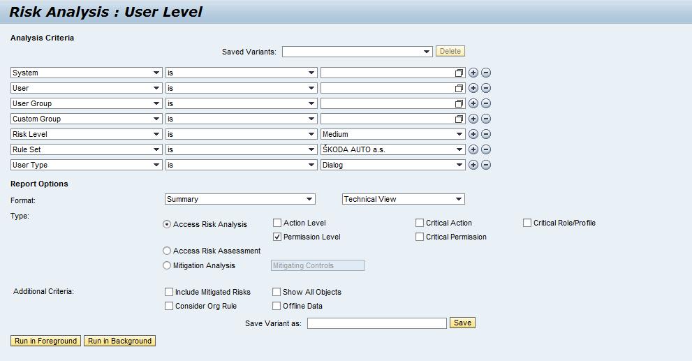 Enable Offline Risk Analysis NO The Risk Analysis screen allows you to select several options for the risk analysis, such as analysis criteria, report options, and additional criteria.
