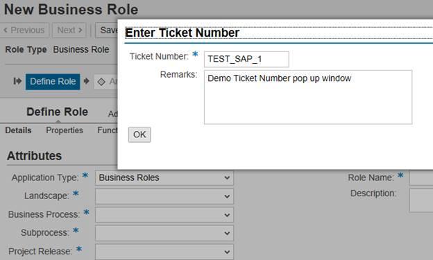 A ticket number is required for changes to role master data Parameter 3040, if set to Yes, requires a ticket number be assigned when any role master data changes.