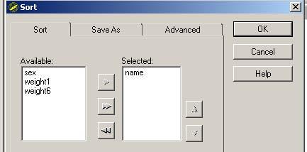 To select variables you want to sort by, highlight the variable name in the Available box, then press the right arrow key to move it into the Selected