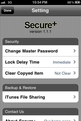 4. Settings Tap button in the list view to show setting view. (figure 35) There are Security options, Backup and Contact information.