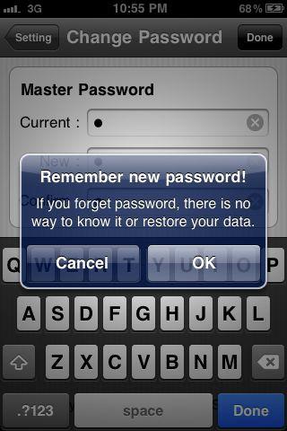 Then tap 'Done' button (figure 36). You will see Remember new password! warning (figure 37). Press OK to continue.