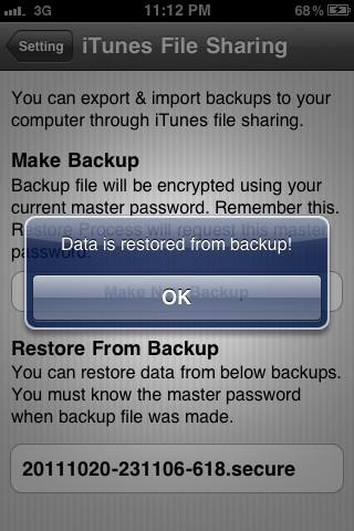 Pressing 'OK' will delete current data and replace it by backup file's data.