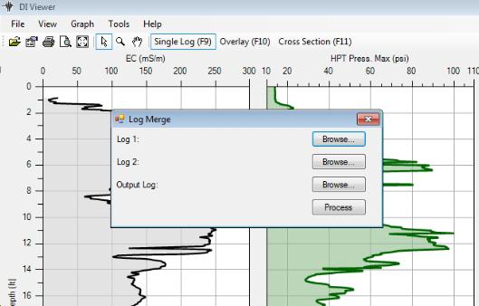 Log Merge Function This allows the user to join two logs together which must be of the same log type MIP, EC, HPT or MiHpt. 1. Select the Tools tab and then Log Merge. 2.
