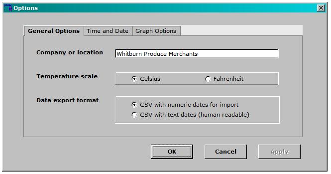 Setup and user options Thermodata Viewer installation and operator manual Click the Options button: The options form will be displayed: The company or location name is included in exported data and