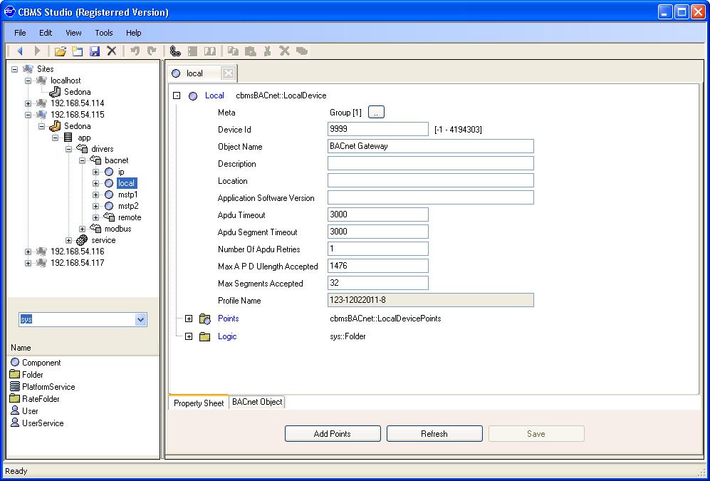 Configure BACnet Device Id Once connected, navigate to the component labelled local under the path app/drivers/bacnet.