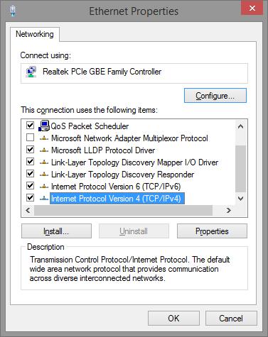 For Windows 8, right click on Windows Icon at the lower left of your screen and select Network Connections From the Network Connections dialog, find your Ethernet adapter right click and then select