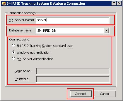 Connect to the Tracking Database with System Manager Step 1 Open the 3M RFID Tracking System Database Connection dialog box From the Tools menu, click Database connection settings.
