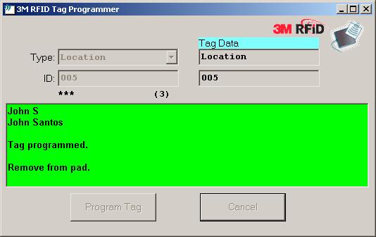 The Tag Programmer function starts and the information and ID for the first highlighted list item is automatically entered. 4 Place the tag in the center of the Tracking Pad.