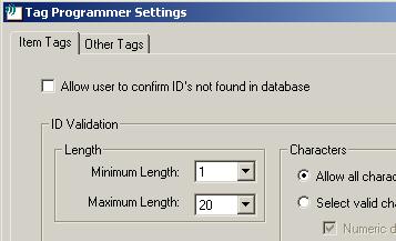 Allow user to confirm Item IDs not found in database This setting controls whether users are allowed to program a tag for an Item ID that is not in the Tracking Database.