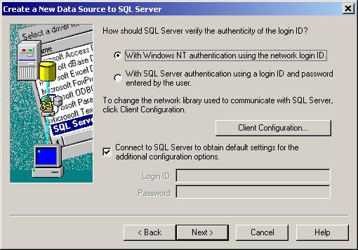 8 Specify connection information a Select the method of authentication: Windows NT authentication (recommended) Specifies that the SQL Server ODBC driver requests a secure (or trusted)