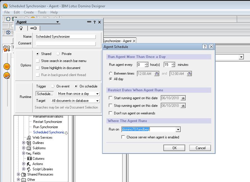 Installing and upgrading Figure 10: Listing the agents in Domino Designer 7.0 5. Hold down the Control (Ctrl) key, and highlight Scheduled Synchronizer and TMS Trigger.