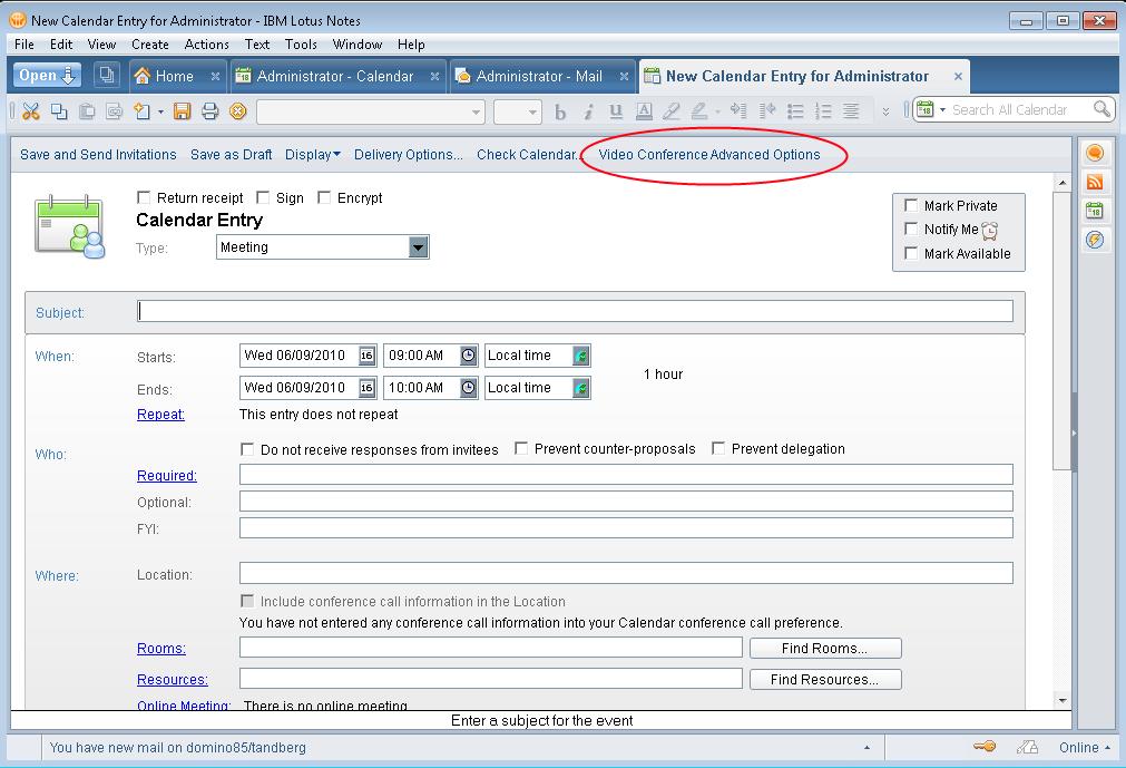 Calendar options in the Cisco TMS mail template Calendar options in the Cisco TMS mail template Using the calendar to request a meeting does not change from standard Lotus Resource booking, therefore