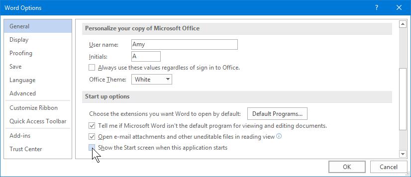 Deactivating the start screen in the Word Options When opening the Word start screen, you may be asked whether you want to select the file types that are opened with Word by