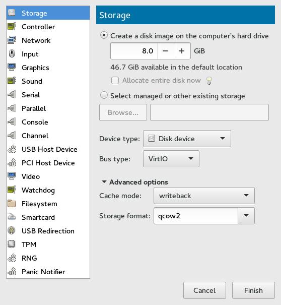 1. Click Add Hardware below the left panel, then select Storage from the Add New Virtual Hardware window. FIGURE 14.9: ADD A NEW STORAGE 2.