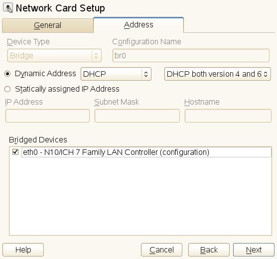First, create a network bridge and add a VM Host Server physical network interface (usually eth0 ) to it: 1. Start YaST Control Center and select System Network Settings. 2.