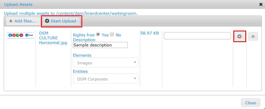 Add the mandatory details to the uploaded files: Is the file Rights free (Yes/No) Add a short description Select the correct element from the dropdown menu Select the correct entity from the dropdown