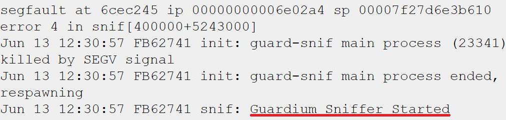 (cont d) - message Guardium Sniffer Started in