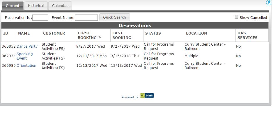 This screen shows all events yo ve reqested these are Reservations, or mbrella events. Each Reservation can have mltiple instances, bookings, attached.