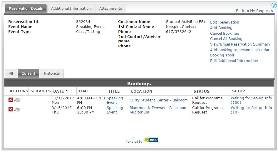 After clicking on an event name, this screen shows the details of the reservation, and any associated bookings.