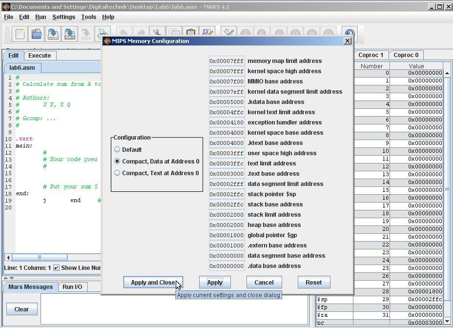 Figure 2. MARS settings We are now ready to write and simulate our code. When you have written a part of your code, click the Assemble the current file button as shown in Figure 3.