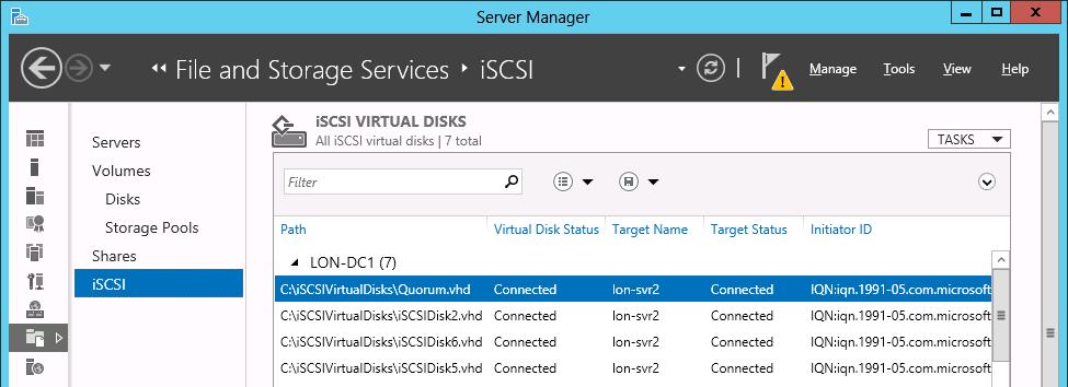 iscsi Target Server and iscsi Initiator The iscsi target server: Is available as role service in Windows Server 2012 Provides the following features: Network/diskless boot Server application