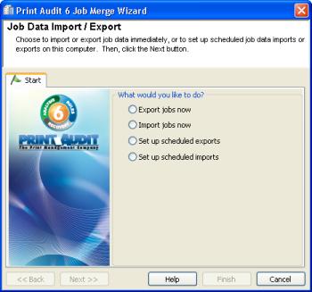 4. Job Merge Wizard The Print Audit 6 Job Merge Wizard is used to merge data from multiple databases into one database.