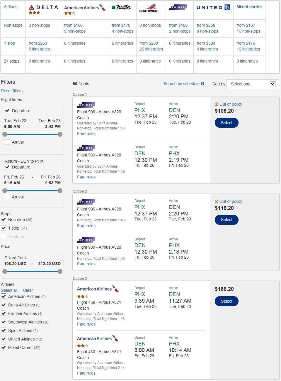 The flight options display below the matrix. Preferred options appear at the top, then by fare from low to high. You can sort the results by airline, number of stops, or fare.