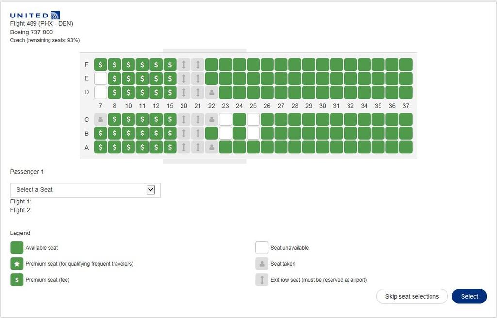 Seat Selection After flight options have been selected, a seat map appears for the first air segment. You can scroll to the front and back of the plane if necessary to see more seats.