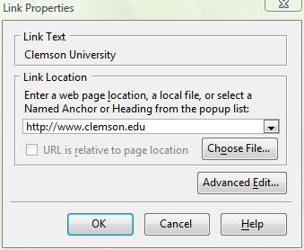Objective 8 Linking To Another Page 8.1 We can make text or an image link to another page on the Web. Click and drag to select the words Clemson University. Click the Link button.