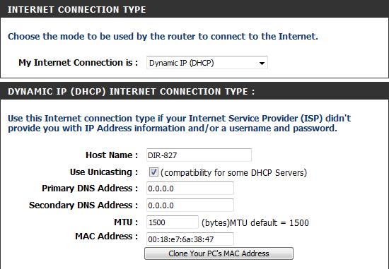 My Internet Connection: Host Name: Use Unicasting: DNS Servers: MTU: MAC Address: Manual Configuration/Internet Setup Dynamic (Cable) Select Dynamic IP (DHCP) to obtain IP Address information